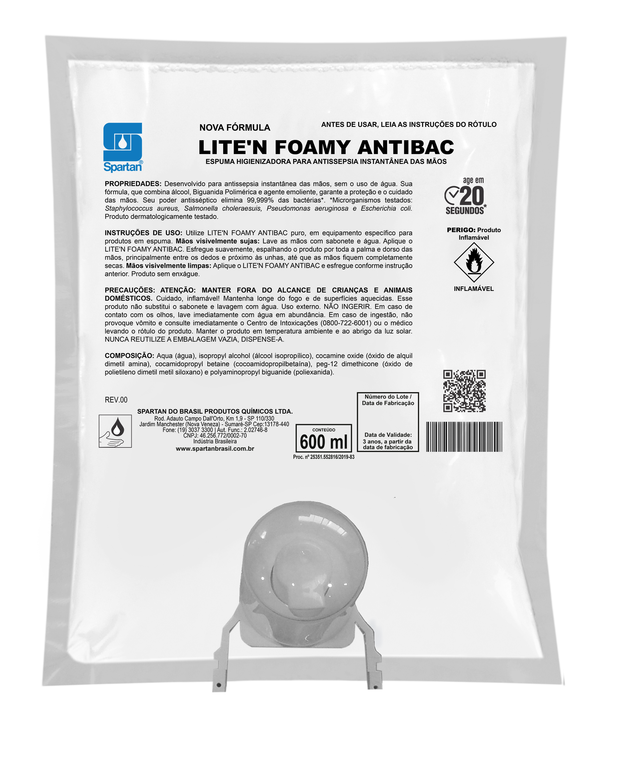 Álcool Espuma Lite’n Foamy Antibac Spartan 600ml – Higienização Eficiente e Cuidado com a Pele